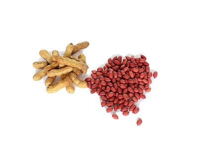 Unpeeled peanuts and peanuts kernels closeup isolated on white background.