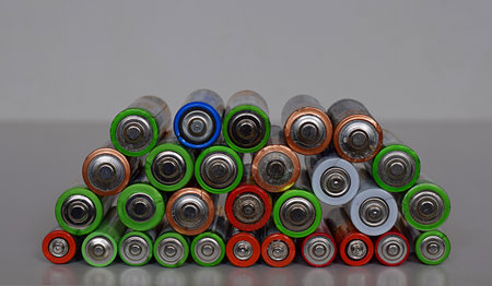Many electric batteries are stacked in a pyramid.の写真素材
