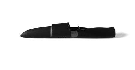 knife with a black handle in a black sheath on a white background