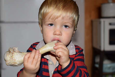 The child was chewing on a large bone in the kitchen.
