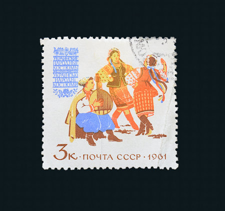 Kyiv, Ukraine, March, 2024. USSR postage stamp depicting national Ukrainian costumes.のeditorial素材
