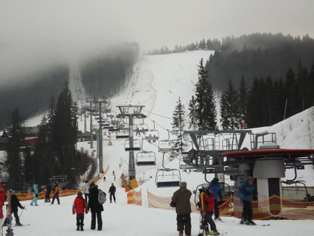Ski lift at the foot of the slope.の写真素材