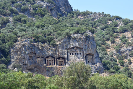 Ancient Lycian tombs carved into the rocks (Dalaman, Turkey)の写真素材