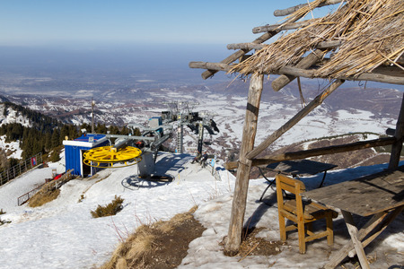 chair lift to the top of the mountain at the ski resort near Almatyの写真素材