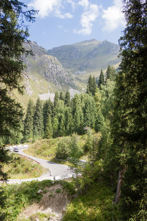 Serpentine road in the mountains near Almaty, Kazakhstanの写真素材