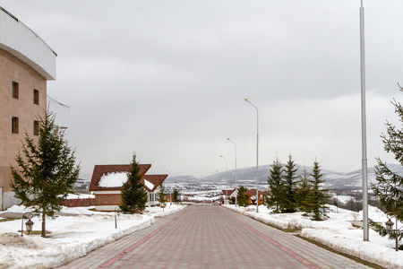 road lined with decorative tiles at a ski resort in Kazakhstanの写真素材