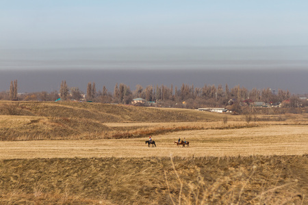 Horse riding across the field and terrible smog in the skyの写真素材