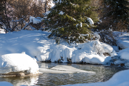 Beautiful mountain stream in winter among ice and snowの写真素材