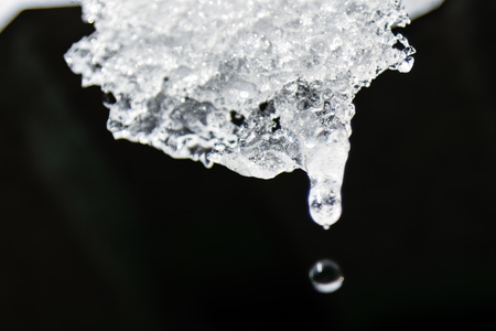 Icicle hanging down with a drop of waterの写真素材