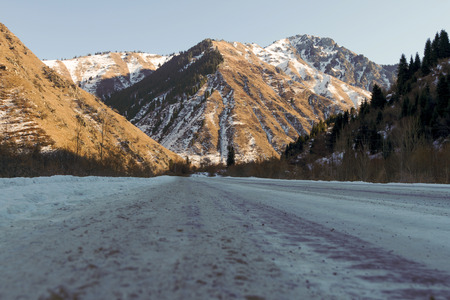 mountain road in winter near Almaty in Kazakhstanの写真素材