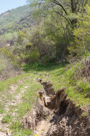 ravine on a dirt road after heavy rainsの写真素材