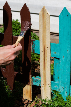 A woman's hand paints a picket fence in sunny weatherの写真素材