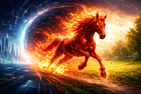 Flaming horse emerging from a glowing energy portal, moving from a futuristic city into a peaceful natural landscape, representing transition and powerの素材