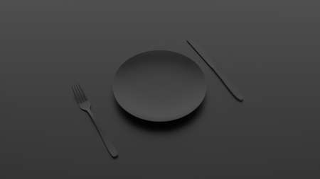 Black plate, knife and fork. Black background. Modern design. Backgrounds for kitchen interior