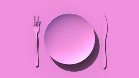 3D rendering pink crockery on pink background. Plate, knife and fork. Black background. Modern designの写真素材