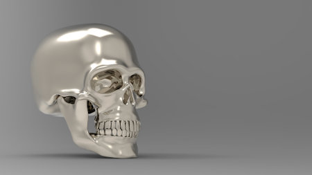 Skull gray shiny on gray background. 3d render skullの写真素材