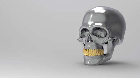 3d render skull gray shiny with gold teeth on gray backgroundの写真素材