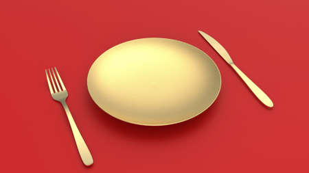 Gold crockery on red background. Plate, knife and fork. Modern design. Backgrounds for kitchen interior. 3d renderingの写真素材