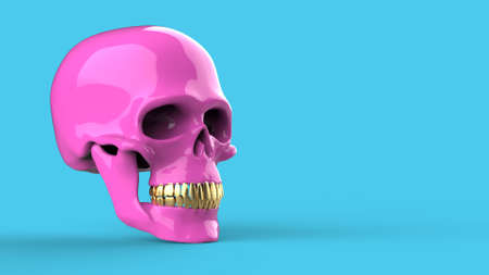 Pink skull with gold teeth. 3d rendering pink skull on blue background. Pop art style