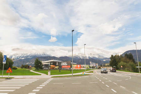 Lesce, Slovenia, October 2020: Supermarket overlooking the Alps in Sloveniaのeditorial素材