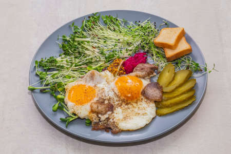 scrambled eggs with bacon, micro green, mustard and pickled cucumberの写真素材