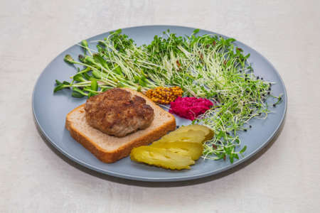 Diet lunch. Cutlet sandwich, mustard, pickled cucumber and micro greenの写真素材