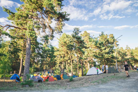 Glebovka, Ukraine, August 2020: Tent city in the forestのeditorial素材