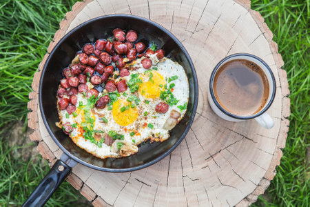 breakfast in nature: scrambled eggs with sausage and coffee on a stump in the forestの写真素材