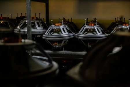 music speakers lie in the warehouse at the factory