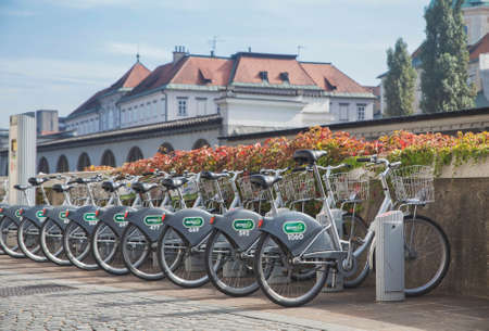 Ljubljana, Slovenia, September 2020: Bicycle rental for tourists in Sloveniaのeditorial素材