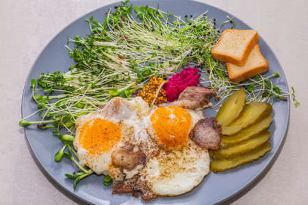 scrambled eggs with bacon, micro green, mustard and pickled cucumberの写真素材