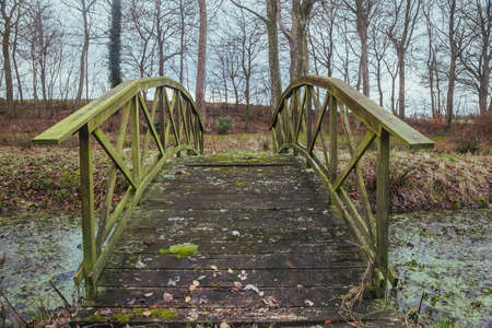 Old rotten bridge over a stream in Denmarkの写真素材