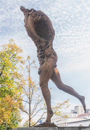 Ljubljana, Slovenia, October 2020: Statue of Prometheus on Butcher bridge in Ljubljanaのeditorial素材
