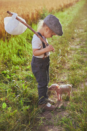 The little traveler met a piglet in the field.の写真素材