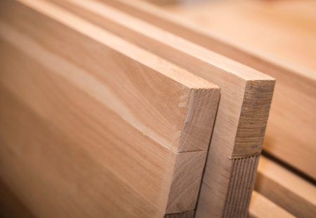 Oak wood panels from which tables will be madeの写真素材