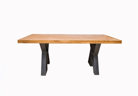 wooden table with black metal legs on white backgroundの写真素材