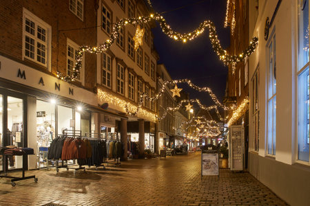Viborg, Denmark, December 2022: Night city decorated for Christmas