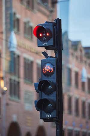 Traffic light close-up in evening Amsterdam Netherlandsの写真素材