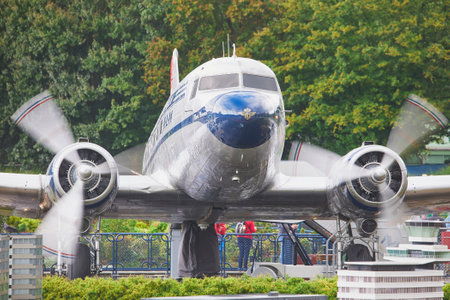 The Hague, Netherlands, August 30, 2023: Old plane in Madurodam park