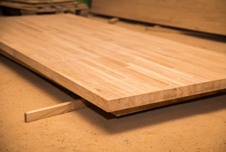 Oak wood panels from which tables will be made.Focus on the foregroundの写真素材