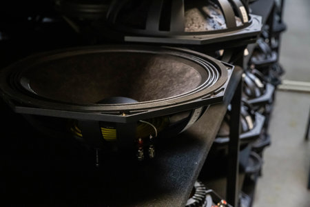 music speakers lie in the warehouse at the factoryの写真素材