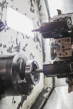 A milling cutter in a CNC machine cuts a metal workpiece that rotates