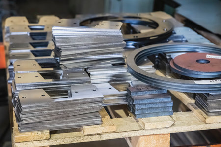 Laser cut iron parts in factory warehouseの写真素材