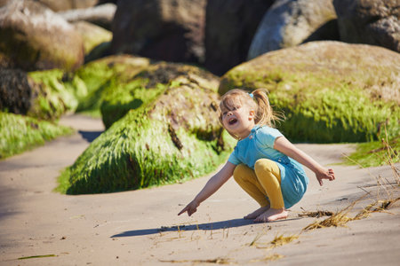 Charming child playing on the beach in Denmarkの写真素材