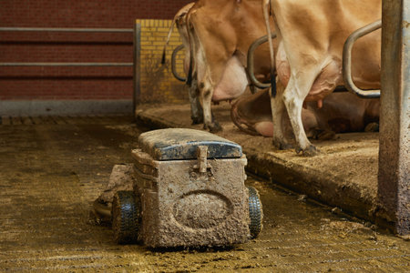A robot cleans manure on a cow farm in Denmarkの写真素材