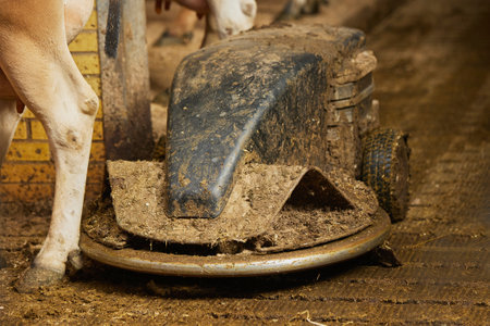 A robot cleans manure on a cow farm in Denmarkの写真素材