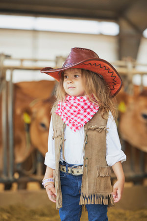 Charming child in a cowboy costume on a cows farm