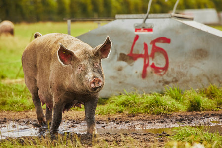 Eco pig farm in the field in Denmark