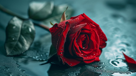 Beautiful red rose with drops of water on a dark background.の素材