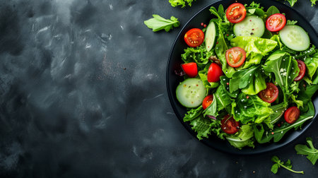 Fresh salad with cucumbers, tomatoes and arugula on a black background.の素材